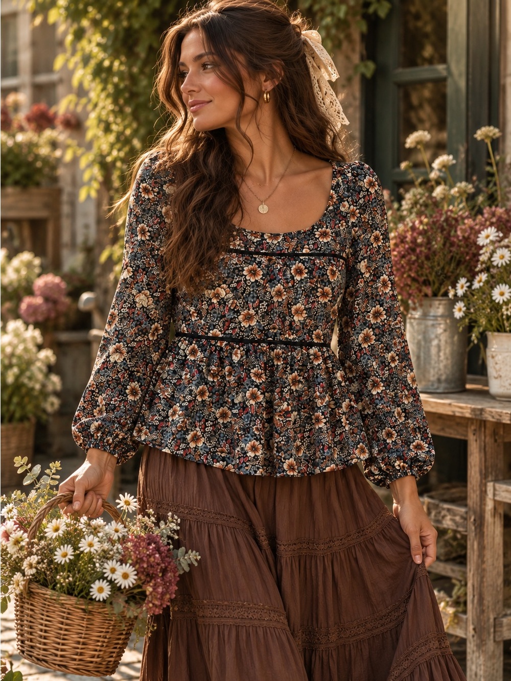 Knox Rose L Floral Boho Peasant Blouse Cottagecore Balloon Sleeve